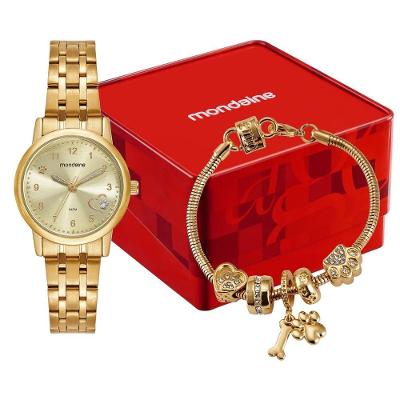 Relógio Feminino Tema Cachorro Analógico Aço Inox Dourado Mondaine
