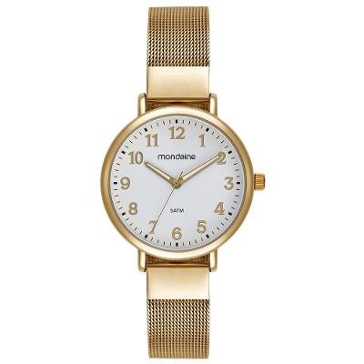 Relógio Feminino Relógio Feminino Dourado Malha Mostrador Branco Clássico em Aço Inox Dourado