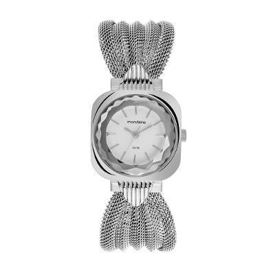 Relógio Feminino Quadrado Vidro Facetado em Aço Inox com Pulseira Malha Borboleta Mondaine