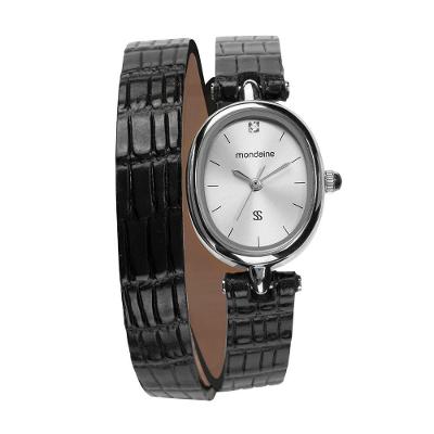 Relógio Feminino Oval Couro Prata com Pulseira Dupla Mondaine 20MM