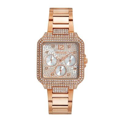 Relógio Feminino Multifunção Quadrado Cristais Rosé em Aço Inox com LED Séculus