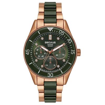 Relógio Feminino Cerâmica Verde e Rosé Clássico Metal Multifunção Séculus 40MM