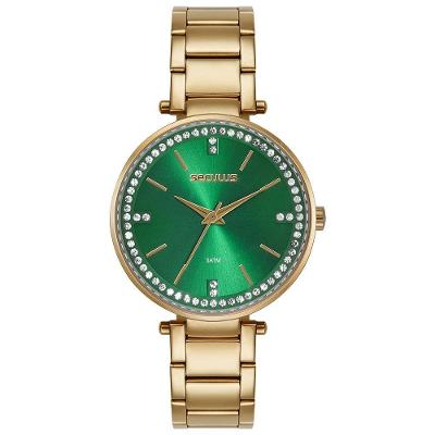 Relógio Feminino Cristais Visor Amplo em Aço Inox Verde Séculus 33MM
