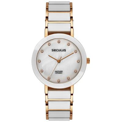 Relógio Feminino Cerâmica Madrepérola Rosé Clássico com Pulseira em Plástico Rosê Séculus