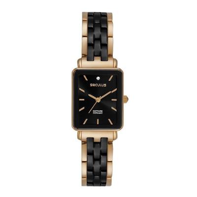 Relógio Feminino Cerâmica Quadrado Preto Dourado Analógico em Aço Inox Séculus