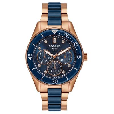 Relógio Feminino Cerâmica Casual Metal Multifunção Azul e Rosé Séculus