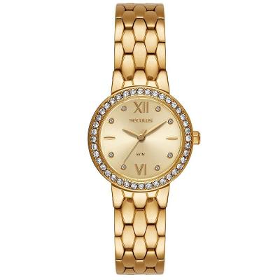 Relógio Feminino Catraca com Cristais Analógico Aço Inox Dourado Séculus