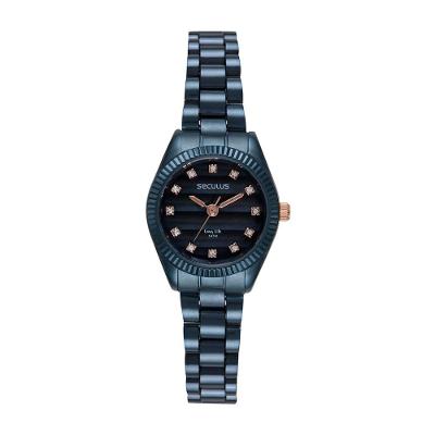 Relógio Feminino Caixa Mini com Pedras Analógico Aço Inox Azul Séculus