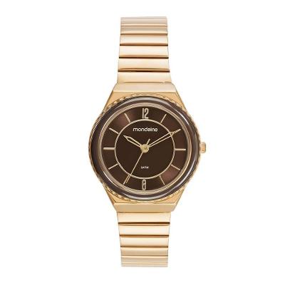 Relógio Feminino Caixa Media Catraca em Ceramica Analógico Aço Inox Acabamento Dourado Marrom