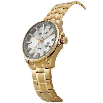Relógio Masculino Marcações em 3D Dourado Analógico em Aço Inox Séculus 22MM