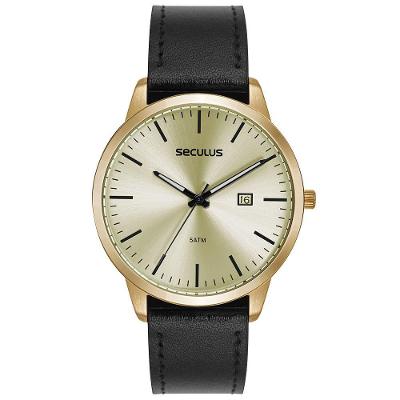 Relógio Masculino Minimalista Dourado Clássico em Couro Legítimo Champagne Séculus 18MM