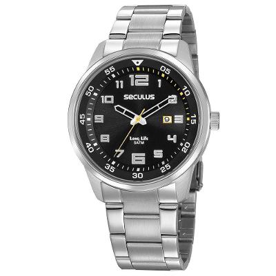 Relógio Masculino Long Life Analógico Aço Inox Calendário Prata Séculus 46MM