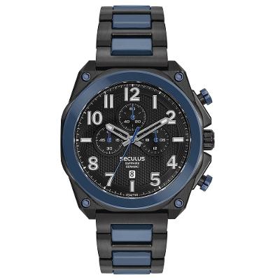 Relógio Masculino Cronógrafo Upper em Aço e Cerâmica Azul e Preto Séculus 47MM
