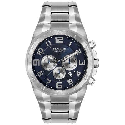 Relógio Masculino Cronógrafo Prata Numeração Completa Aço Inox Azul Séculus