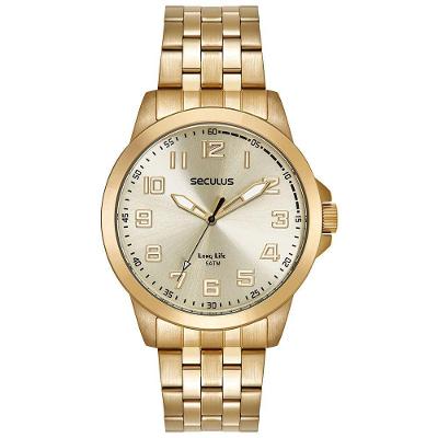 Relógio Masculino Dourado Aço Analógico em Aço Inox com Cristal Mineral Séculus