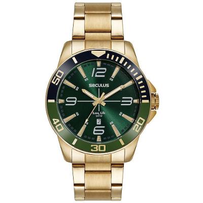 Relógio Masculino Dourado Aço Inox com Calendário e Visor Verde Analógico Séculus