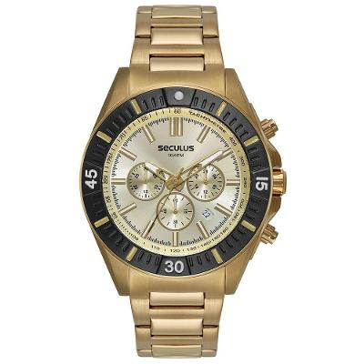 Relógio Masculino Cronógrafo Aço Dourado Display LED Pulseira Aço Inox Séculus