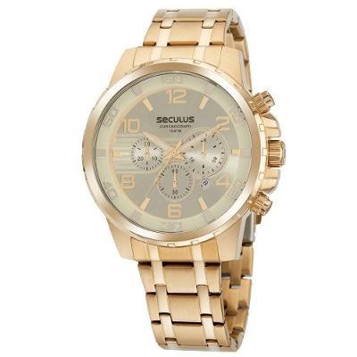 Relógio Masculino Cronógrafo Casual em Aço Inox Dourado Séculus 4.8CM
