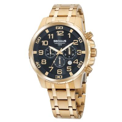 Relógio Masculino Cronógrafo Casual em Aço Inox Dourado Séculus