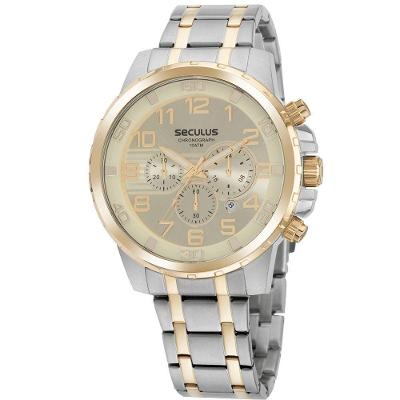 Relógio Masculino Cronógrafo Casual Bicolor em Aço Inox Dourado Séculus 3.8CM