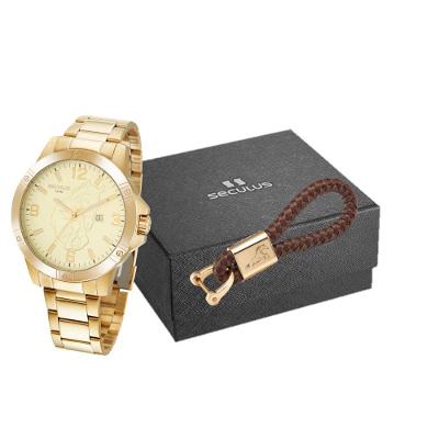 Relógio Masculino Country Analógico em Aço Inox com Visor Preto e Acessório Dourado Séculus 48MM