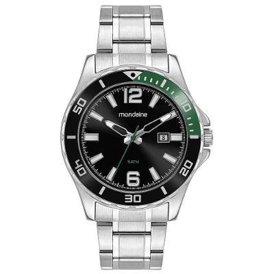 Relógio Masculino com Calendário Detalhe Verde Analógico Aço Inox Preto 44MM