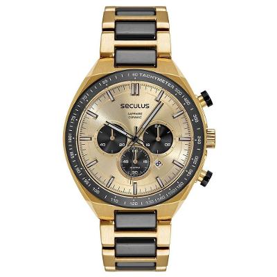 Relógio Masculino Cerâmica Dourado Cronógrafo em Metal com Fecho Dobrável Séculus 47CM