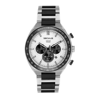 Relógio Masculino Aço em Cerâmica Cronógrafo Mostrador Branco Aço Inox Séculus