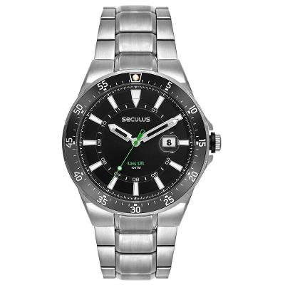 Relógio Masculino Aço Preto Calendário Analógico Aço Inox Preto Séculus