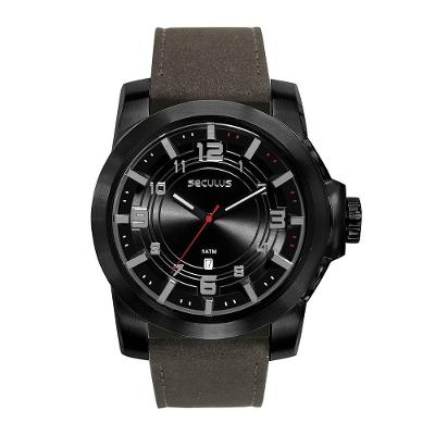 Relógio Masculino Aço Preto Calendário Couro Analógico com Cristal Mineral Preto Séculus