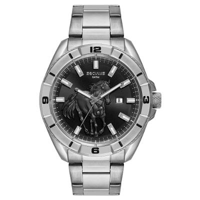 Relógio Masculino Aço Prata Estilo Country Cronógrafo Aço Inox com Vidro Mineral Séculus 48MM