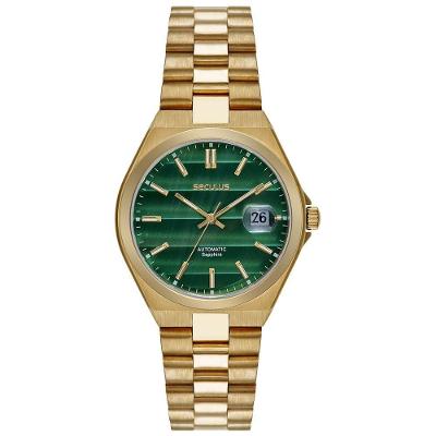 Relógio Masculino Automático Fundo Transparente Visor Verde em Aço Inox Cor Dourado Séculus
