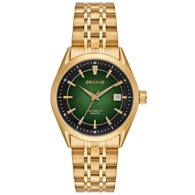 Relógio Masculino Automático em Aço Dourado Analógico Aço Inox Mostrador Verde Séculus