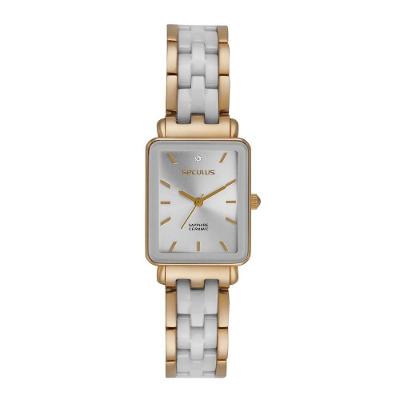 Relógio Feminino Cerâmica Quadrado Prata e Dourado Analógico em Aço Inox com Fecho Dobrável Séculus