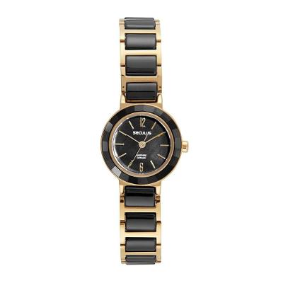 Relógio Feminino Cerâmica Analógico com Fecho Dobrável Preto e Dourado Séculus 24MM