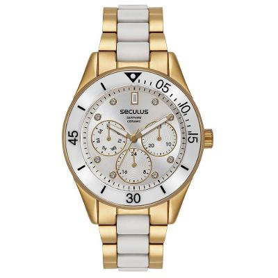 Relógio Feminino Cerâmica Dourado Clássico com Pulseira de Metal Séculus