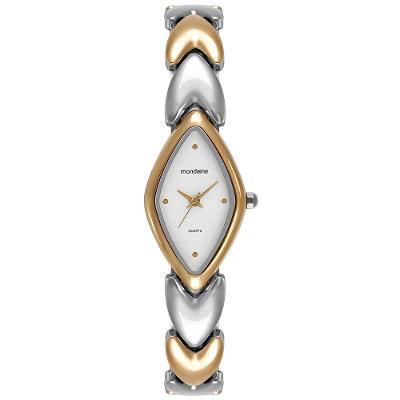 Relógio Feminino Bicolor Metal Oval Pulseira Aço Inox Prata Mondaine