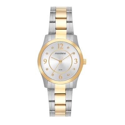 Relógio Feminino Bicolor Cristais Analógico em Aço Inox Dourado Mondaine 32MM
