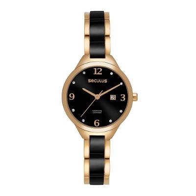 Relógio Feminino Aço Preto Calendário Analógico em Aço Inox com Calendário Preto Séculus