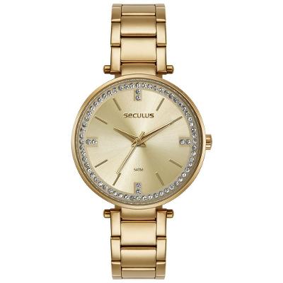 Relógio Feminino Analógico Cristais Visor Amplo Champagne Aço Inox Dourado Séculus
