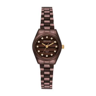 Relógio Feminino Analógico Caixa Mini com Pedras Metal Marrom Séculus