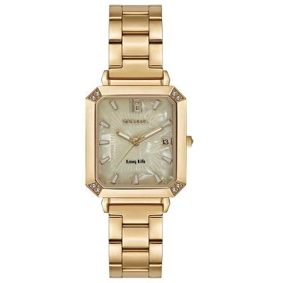 Relógio Feminino Clássico Index Simples Discret em Aço Inox com Mostrador Dourado Séculus
