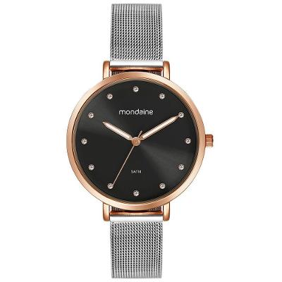 Relógio Feminino Cristais Malha de Aço Prata com Rosé Analógico Aço Inox Mondaine 3.6CM