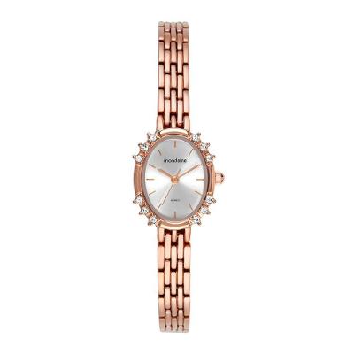 Relógio Feminino Oval Clássico Rose Metal com Cristais Rosa Mondaine 20CM