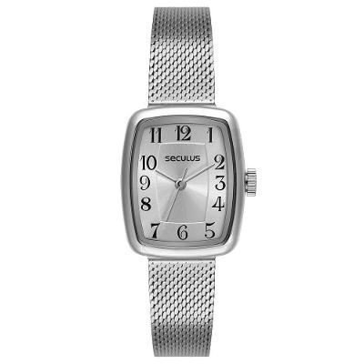 Relógio Feminino Numeração Completa Analógico em Aço Inox Mostrador Prata Séculus 22MM