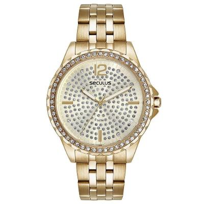 Relógio Feminino Shiny Analógico em Aço Inox com Cristais Dourado Séculus