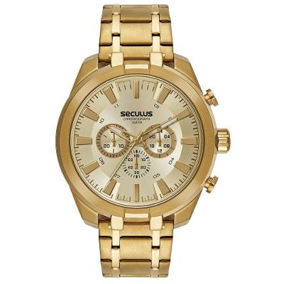 Relógio Masculino Aro 3d Dourado Cronógrafo em Aço Inox com Fecho Séculus