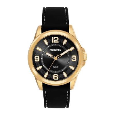 Relógio Masculino Caixa Dourada Clássico Silicone Fivela Preto Mondaine