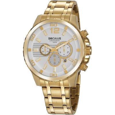 Relógio Masculino Cronógrafo em Aço Inox Dourado Séculus 48MM