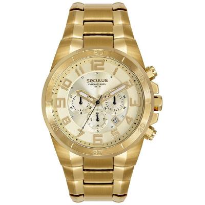 Relógio Masculino Cronógrafo Dourado em Aço Inox com Fechamento Dobrável Séculus 48MM